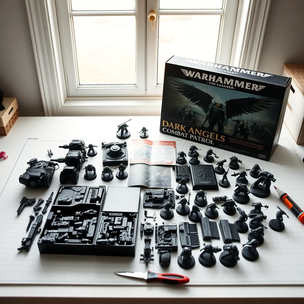 Contenido de la Patrulla de Combate Dark Angels con miniaturas y accesorios de montaje