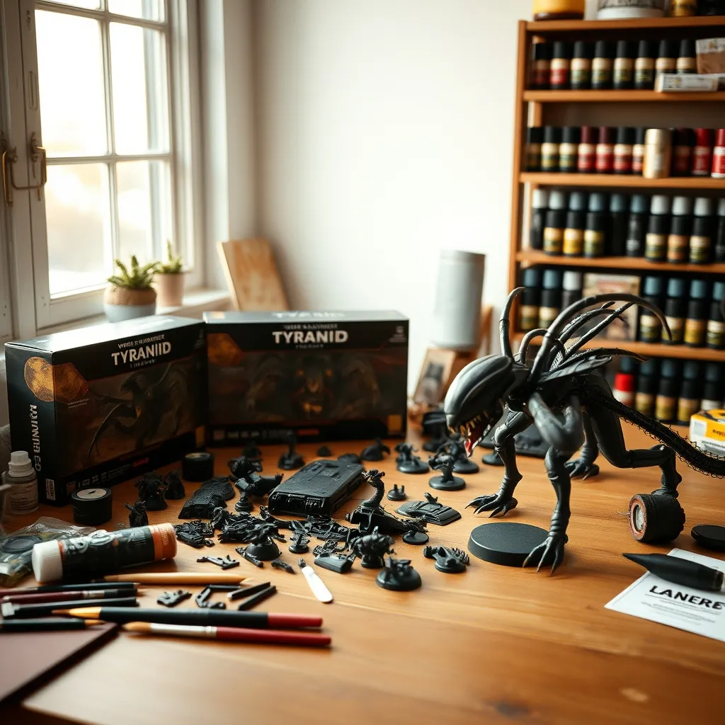 Cajas de Tiránidos, pinturas de contraste y un Carnifex a medio montar en mesa de hobby