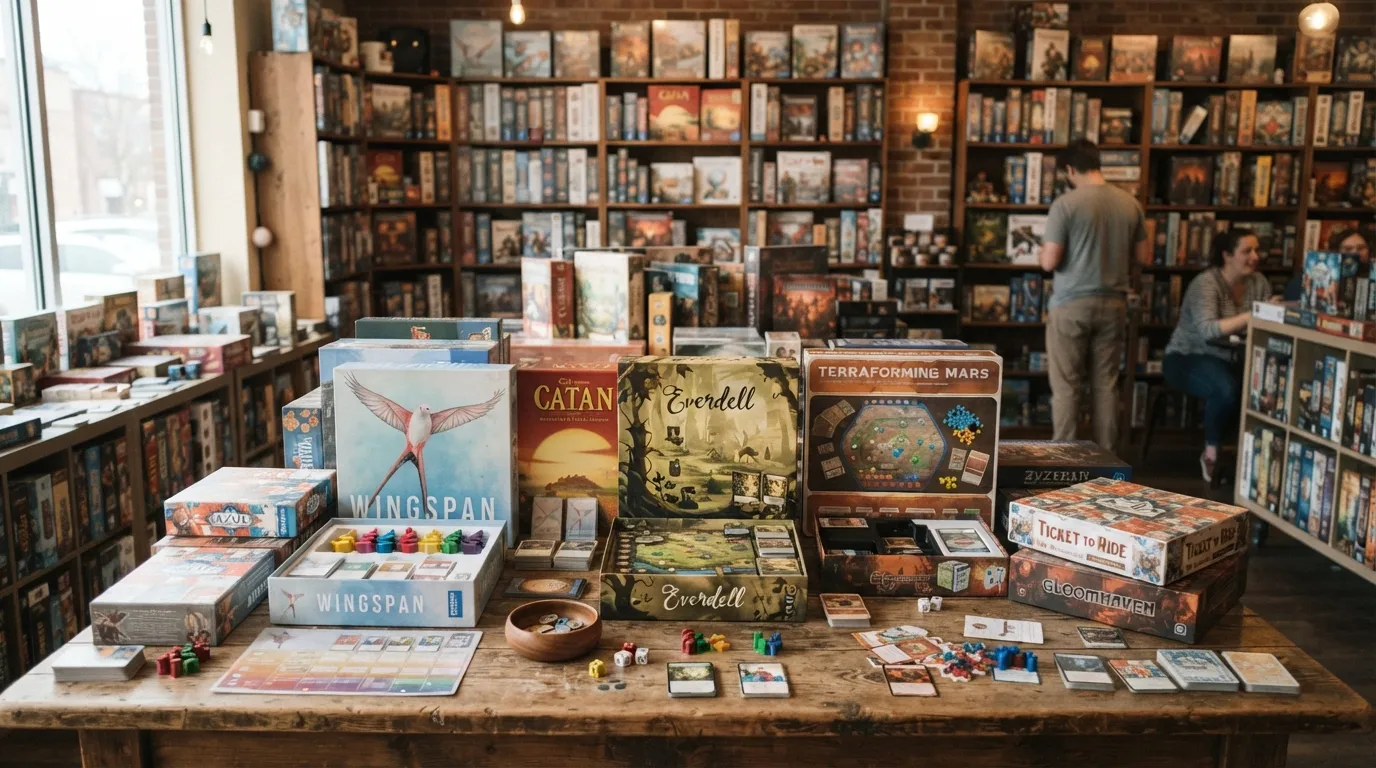 Cajas de juegos de mesa expuestas en una tienda especializada con luz cálida natural
