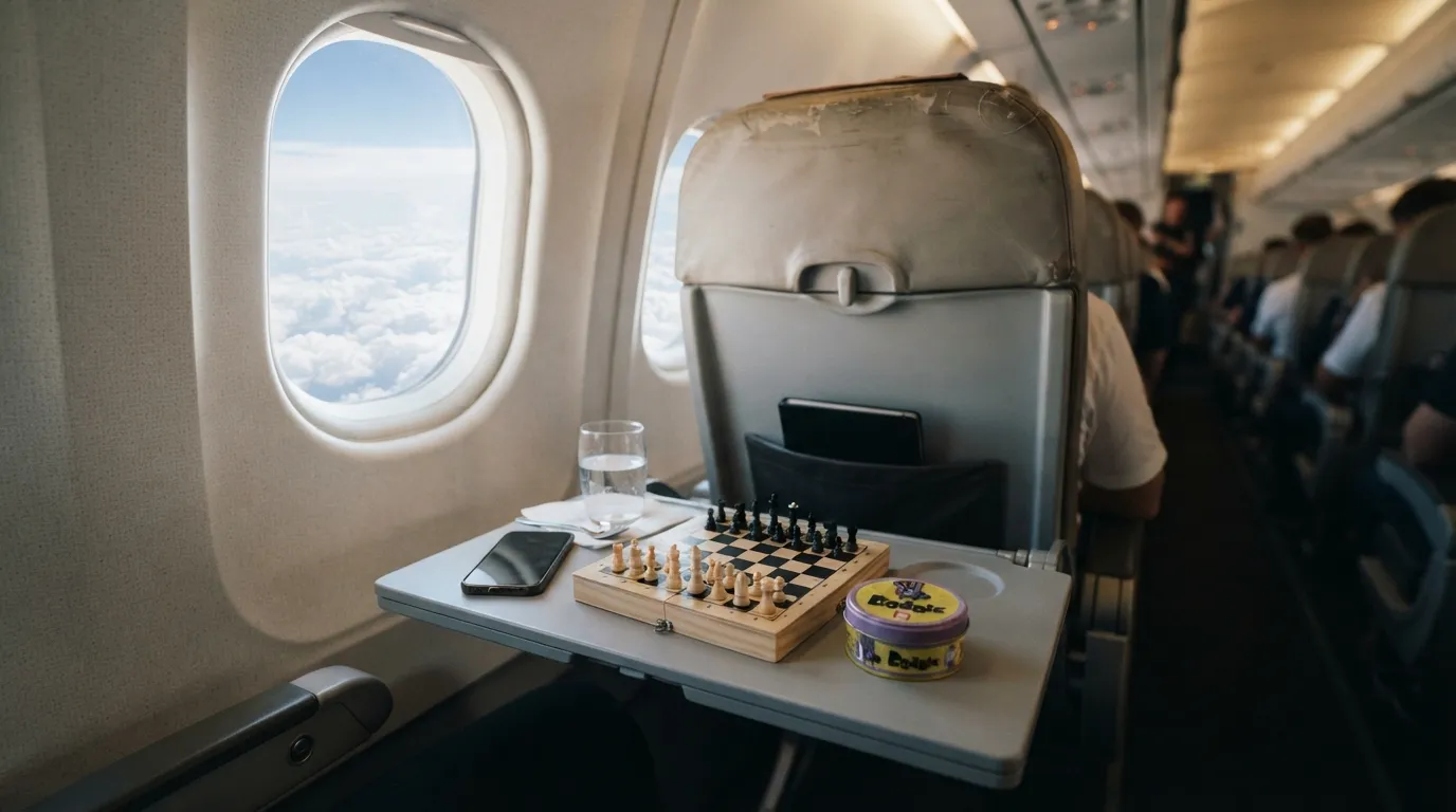 Juegos de mesa de viaje compactos listos para usar sobre la bandeja de un avión