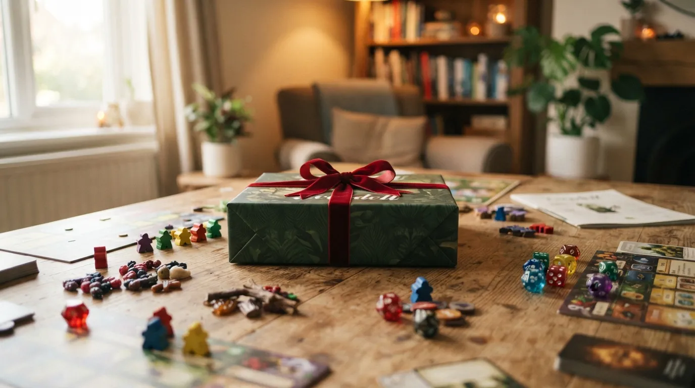 Un juego de mesa envuelto como regalo sobre una mesa de madera, rodeado de componentes de juego desenfocados